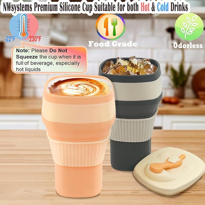 Collapsible Silicone Cup, Safe & Portable, for Hot & Cold Drinks, 18.6 oz (550 ml) - Travel, Camping, Office, and More – Peach Fuzz
