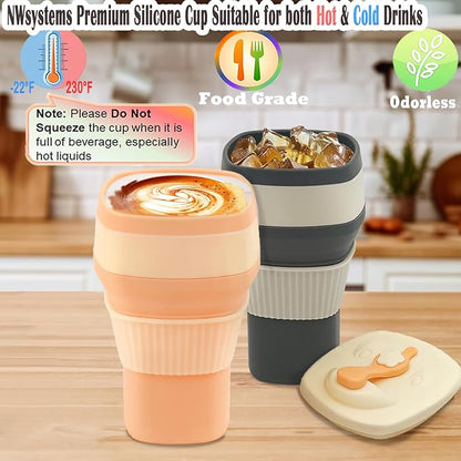 Collapsible Silicone Cup, Safe & Portable, for Hot & Cold Drinks, 18.6 oz (550 ml) - Travel, Camping, Office, and More – Peach Fuzz