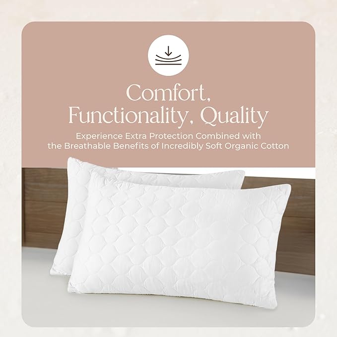 Organic Cotton Pillow Protector - Durable Quilted Pillow Protector King Size GOTS & Fairtrade Certified - Thick Hypoallergenic Machine Washable Breathable Cover & Edge Piping - 2 Pack (White, Queen)