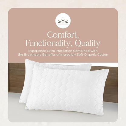 Organic Cotton Pillow Protector - Durable Quilted Pillow Protector King Size GOTS & Fairtrade Certified - Thick Hypoallergenic Machine Washable Breathable Cover & Edge Piping - 2 Pack (White, Queen)