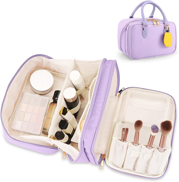 Travel Makeup Bag for Women Fashion Large Capacity Pouch Open Flat Cosmetic Portable Organizer Waterproof Large Opening Storage Toiletry Bags Vertical Free-Standing Brush Holder for Easy Access Purple