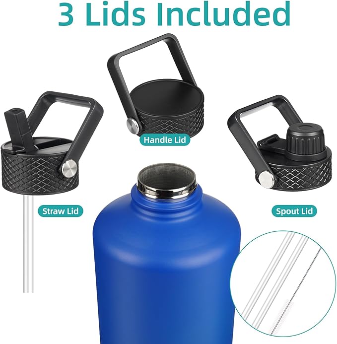 Gallon Insulated Water Bottle with Straw,128 oz 3 Lids Water Jug with Carrying Bag,Paracord Handle, Double Wall Vacuum Stainless Steel Metal Flask,Blue