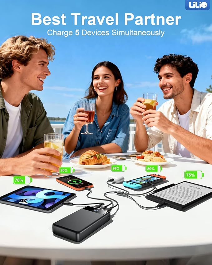 LILIO Portable Charger Power Bank，60,000mAh Battery Pack, 22.5W Power Bank Fast Charging with USB Cable, Phone Charger for iPhone 17/16/15/14/13 All Series/Samsung/Android, Camping Essentials, Black