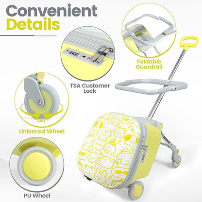 Orzbow 2-In-1 Ride On Luggage, Expandable Ride On Suitcase for Kids with Spinner Wheels, Carry On Luggage with Detachable Seat, Double as Stroller, Safety Guardrail, Help Your Child Relax, Yellow