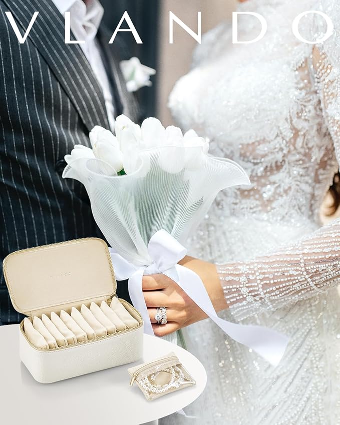 Vlando Travel Jewelry Case,Jewelry Box with 12 Velvet Jewelry Pouch Jewelry Travel Organizer for Women Girl Jewelry Case Necklace Rings Earrings Bags Wedding Gifts (White)