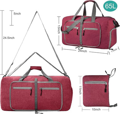 Dimayar 65L Travel Duffle Bag for Men Women - Foldable Duffel Bag with Shoes Compartment - Overnight Bags Waterproof & Tear Resistant(Red)