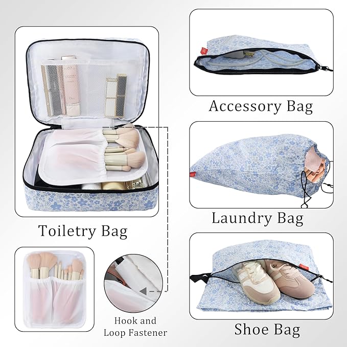 U+U 10 Set Compression Packing Cubes - Ultralight Travel Organizers with Laundry Bag and Cosmetic Bag, Space-Saving Suitcase Organizer for Travel, Business Trip and Family Vacation (Blue Flower)