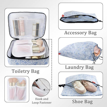 U+U 10 Set Compression Packing Cubes - Ultralight Travel Organizers with Laundry Bag and Cosmetic Bag, Space-Saving Suitcase Organizer for Travel, Business Trip and Family Vacation (Blue Flower)