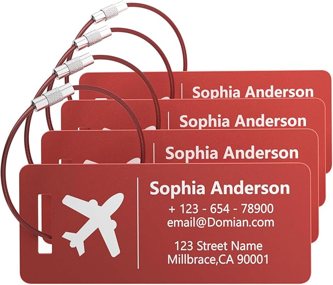 4 Personalized Metal Luggage Tags, Laser Engrave Name and Logo, Custom Aluminum Suitcase Tags with Steel Ring, for Travel, Backpack, Baggage (Red)