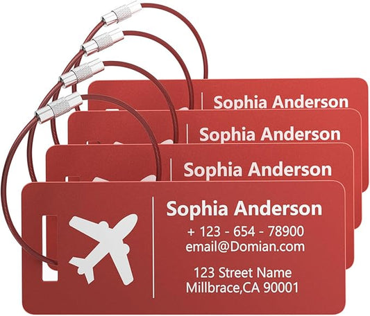 4 Personalized Metal Luggage Tags, Laser Engrave Name and Logo, Custom Aluminum Suitcase Tags with Steel Ring, for Travel, Backpack, Baggage (Red)
