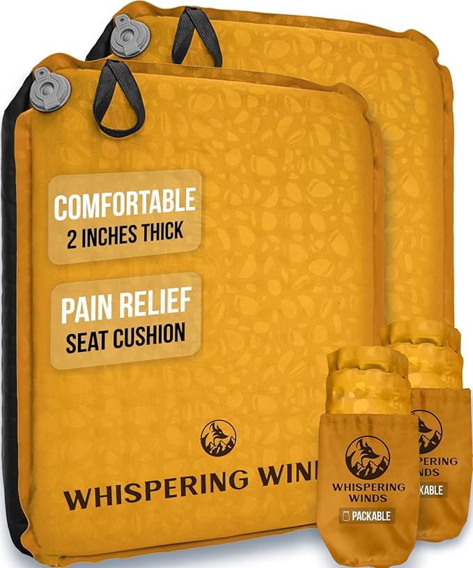 Whispering Winds Inflatable Seat Cushion - Comfortable Blow-up Foam Pad for Airplane, Travel, Stadium, Outdoors, Camping, Car & More
