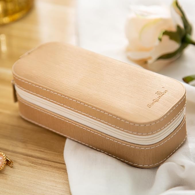 BONNY DODO Small Travel Jewelry Organizers Box for women with PU Leather Portable Mini Jewelry Case with compartments for Necklace Rings Earrings,Luxury Giftable boxes. (Champagne, S)