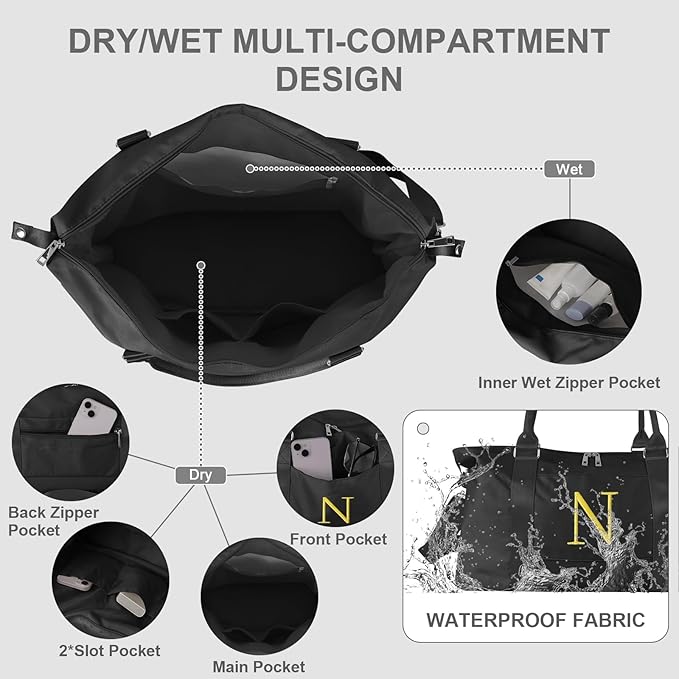 Personalized Initial Gym Dance Bag, Travel Duffel Bag for Teen Girls, Carry On Bag Overnight Weekender Bag with Trolley Sleeve, Birthday Gifts for Women Mom Daughter Graduation Gift(Letter N, Black)