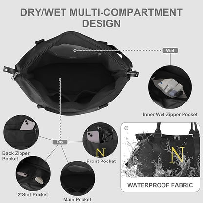 Personalized Initial Gym Dance Bag, Travel Duffel Bag for Teen Girls, Carry On Bag Overnight Weekender Bag with Trolley Sleeve, Birthday Gifts for Women Mom Daughter Graduation Gift(Letter N, Black)