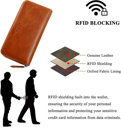 VISOUL Leather Long Zipper Pouch Wallet for Men and Women with RFID Blocking, Large Clutch Cash Long Wallet with Zipper (Orange)