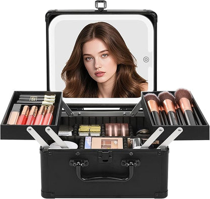 Chomeiu Makeup Bag with Mirror, Travel Train Case Large Cosmetic Organizer with 2 Trays and Vanity Mirror with LED Lights, Brush Holder Storage Box Suitcase for Nail Kits Cosmetics Craft, Black