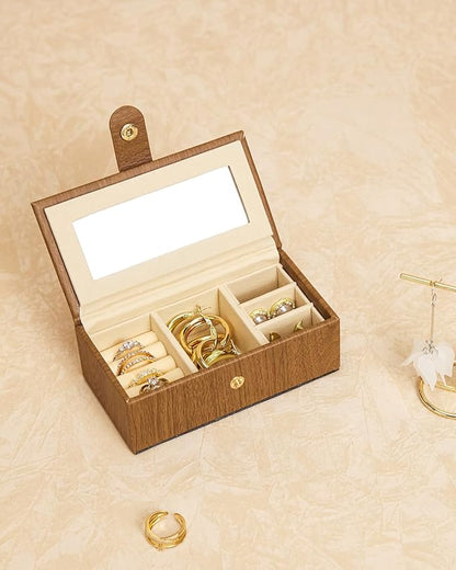 Homde 2 IN 1 Jewelry Box for Women Girls with Small Travel Case Mirror Necklace Ring Earrings Organizer - Christmas Gifts (Brown + Gold)