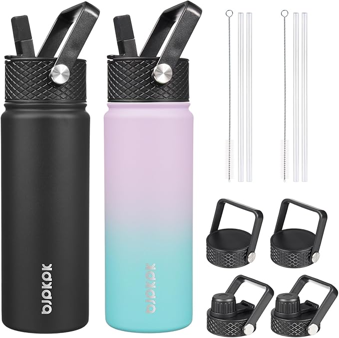 BJPKPK 2 Pack Insulated Water Bottles with Straw Lids, 22oz Stainless Steel Metal Water Bottle with 6 Lids, Leak Proof BPA Free Jugs, Cups, Flasks for Travel, Sports (Lavender Green+Black)
