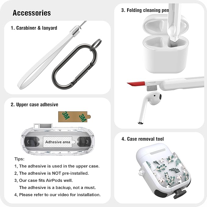 WENEW Case for AirPods 1 & 2Case Cover Secure Lock Automatic Snap Switch Clip Cleaner Kit Lanyard Women Stylish Flower Armour Hard Shell Full Body (Green, AirPods 1st & 2nd)