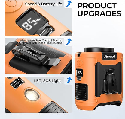 AMACOOL Portable Waist Fan Clip On, MAX 40H Work Time, 10000mAh Rechargeable Wearable Shirt Fan with Light, 16000RPM Powerful 5 Speed Belt Fans Personal Cooling Fans for Outdoor Jobsite Travel