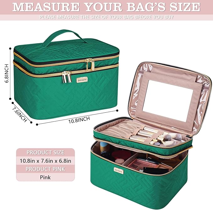 8.8L Double Layer Travel Makeup Bag With Mirror For Women, Large Cosmetic Case, Organizer for Travel-Size Accessories Bottles, Brushes,and Skin Care Products, 2.33 GAL, Green…