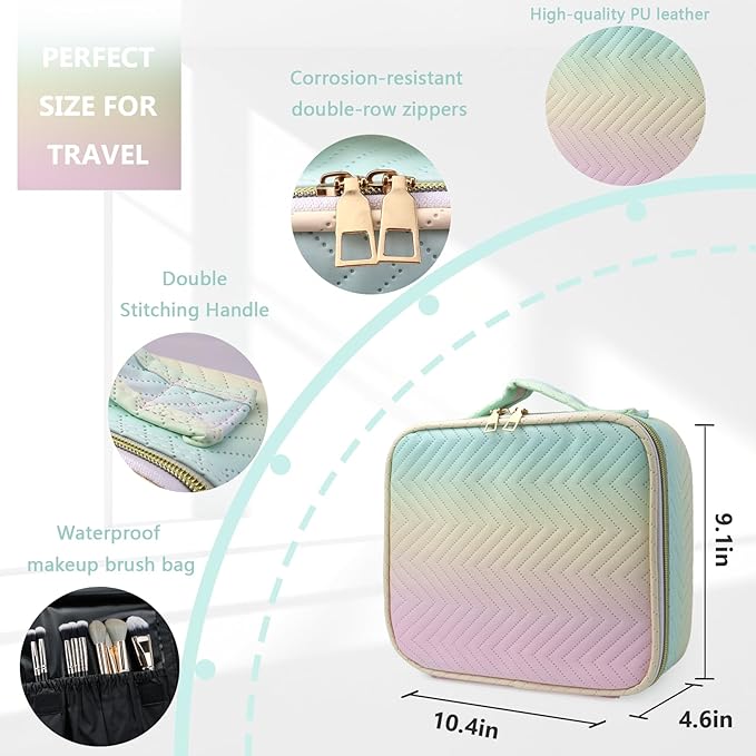 Travel Makeup Case 5 Layers Portable Makeup Train Case Cosmetic Bag Organizer Storage for Women with Adjustable Dividers and Shoulder Strap for Toiletry Travel Accessories(gradient green)