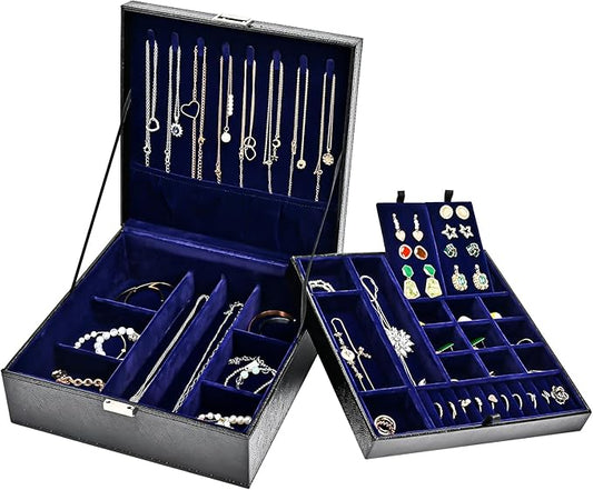 ProCase Jewelry Box for Women, 2 Layers Large Leather Jewelry Organizer Storage Case with Removable Pad for Earrings -Lizardblack