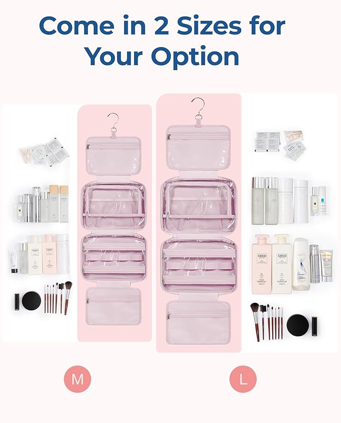 BAGSMART Travel Toiletry Bag with Jewelry Organizer, Hanging Travel Bag for Toiletries, Puffy Makeup Cosmetic Bag Organizer, Carry-on Travel Accessories Essentials, Pink-L