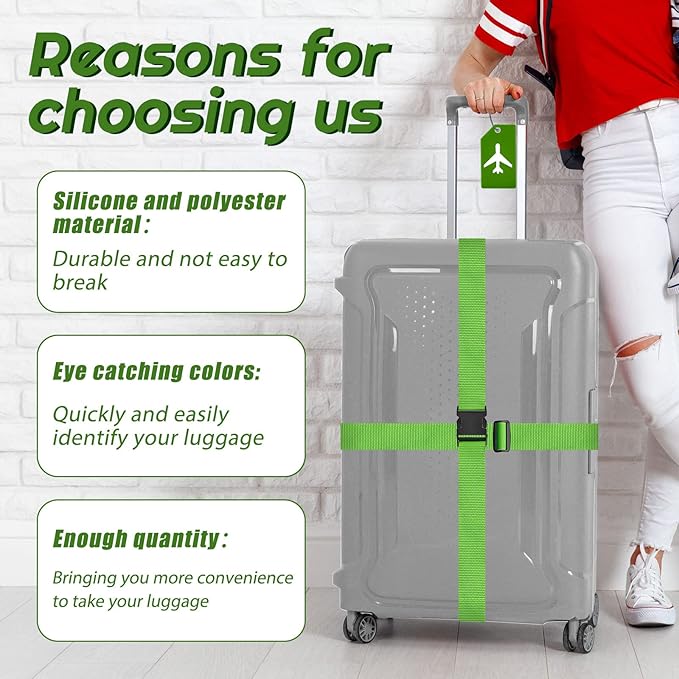 Weewooday 8 Pcs Luggage Straps Suitcase Tags Set for TSA Approved, 4 Travel Adjustable Suitcase Belt, 4 Silicone Luggage Tags with Name ID Card Travel Accessories(Green,Airplane)