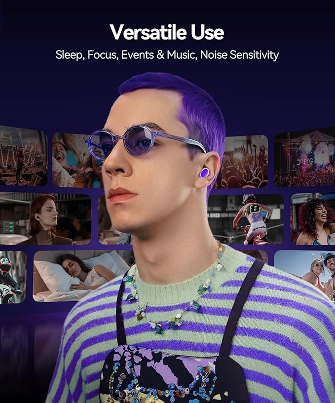 Ear Plugs for Sleeping 45dB Noise Cancelling Ear Plugs for Noise Reduction & Snoring, Concerts, Earplugs for Sleep, Sider Sleepers Airplane, Silicone Earplugs Reusable Concert Ear Plug +8Tip Violet