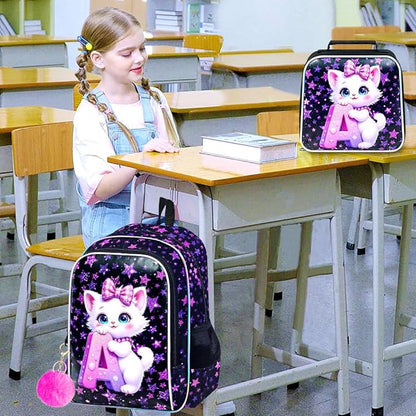 WZLVO 3PCS Girls Cat Backpack Set, 16" Glittery UV Printing Kids Bookbag/School Bag with Lunch Box & Pencil Bag for Preschool to Elementary - Cat Holding Letter A