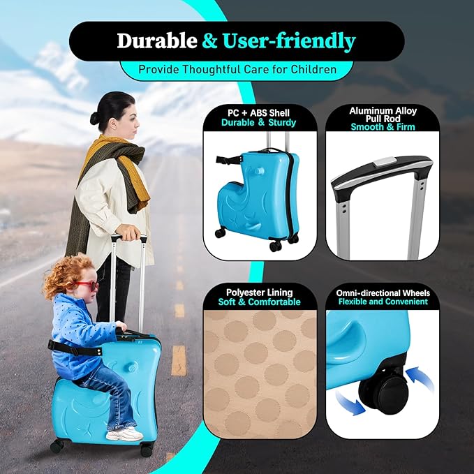 CNCEST 20"/24" Kid's Ride-on Travel Suitcase,Travel Rolling Luggage with Wheels Carry Trolley Luggage with Password Lock,Children's Ride On (20” Blue)