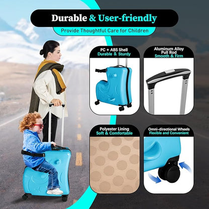 CNCEST 20"/24" Kid's Ride-on Travel Suitcase,Travel Rolling Luggage with Wheels Carry Trolley Luggage with Password Lock,Children's Ride On (20” Blue)