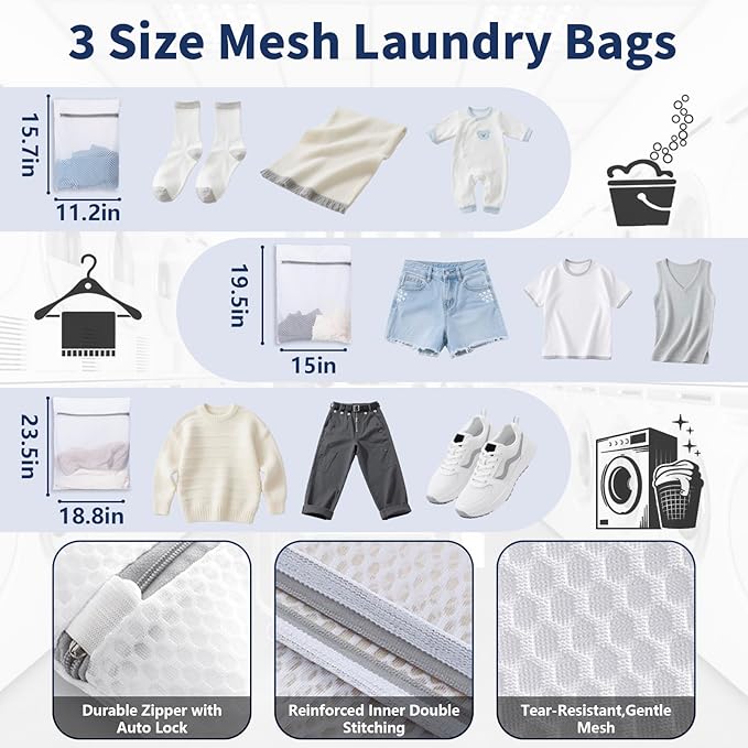 Laundry Bag Backpack with 3 Sizes Mesh Wash Bags and Shoulder Straps Foldable Clothes Hamper Bag with Drawstring Closure for College, Apartment, Laundromat (Black)