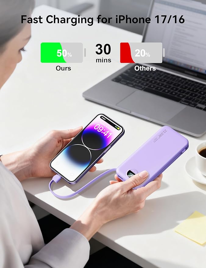 12000mAh Ultra-Portable-Charger-Power-Bank with Built in Cables&AC Wall Plug,PD20W USB-C Fast Charging Cell Phone Charger Battery Pack,LED Display Travel Battery Bank for All iPhone,Samsung,Android