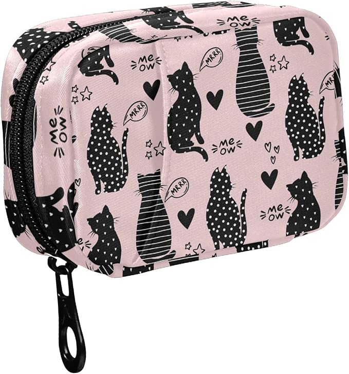 Fustylead Black Silhouette Cats and Star Hearts Travel Pill Organizer Bag with Zipper Small Pill Box 7 Day Pill Case for Purse Storage Weekly Vitamin Medicine Supplement