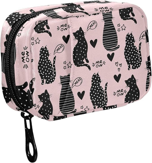 Fustylead Black Silhouette Cats and Star Hearts Travel Pill Organizer Bag with Zipper Small Pill Box 7 Day Pill Case for Purse Storage Weekly Vitamin Medicine Supplement