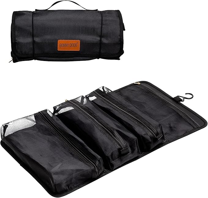 BONNY DODO Toiletry Travel Bag Can Hanging Large Roll-Up Makeup Organizer Bag with 3 Detachable Transparent Mesh Folding Cosmetic Travel Bags for Women & Men Black Toiletries Organizer Bag