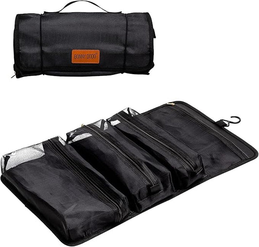 BONNY DODO Toiletry Travel Bag Can Hanging Large Roll-Up Makeup Organizer Bag with 3 Detachable Transparent Mesh Folding Cosmetic Travel Bags for Women & Men Black Toiletries Organizer Bag