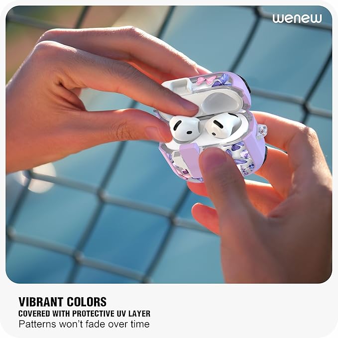 WENEW Case for AirPods 4th Case Cover Secure Lock Automatic Snap Switch Clip Cleaner Kit Lanyard Women Stylish Flower Armour Hard Shell Full Body Front LED Visible (Purple Butterfly, AirPods 4th)