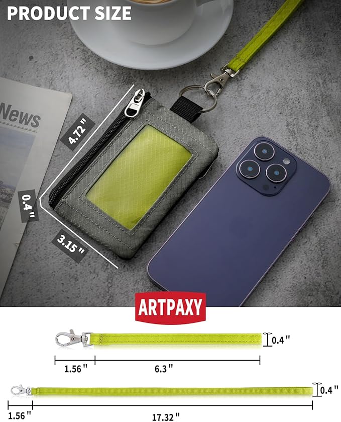 Minimalist Wallet For Mens Womens, Keychain RFID Blocking Zipper Small Wallet with ID Window 2 Lanyards,Water Resistant Travel Cash Card Coin Case Boys Girls