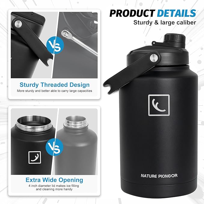 NATURE PIONEOR One Gallon Water Bottle Insulated - Large Double Vacuum Stainless Steel 128 oz Water Bottle with Holder/Carrier, 1 Gallon Water Jug,128oz, Wide Mouth