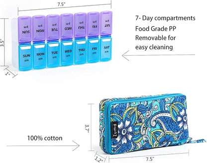 Weekly 7 Day Pill Organizer Case 2 Times a Day (AM/PM), Large Portable Pill Box 7 Day for Vitamin Medicine, Pill Case with Quilted Fabric Zipper Cute Bag for Travel or Daily