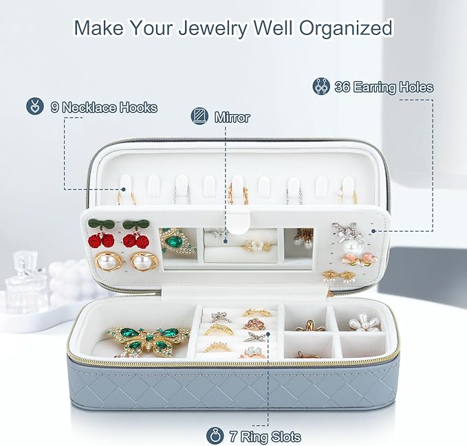 DesignSter Jewelry Organizer, Small Portable Travel Jewelry Storage for Women, Woven Embossed PU Jewelry Case with Mirror for Ring Earring Necklace Bracelet