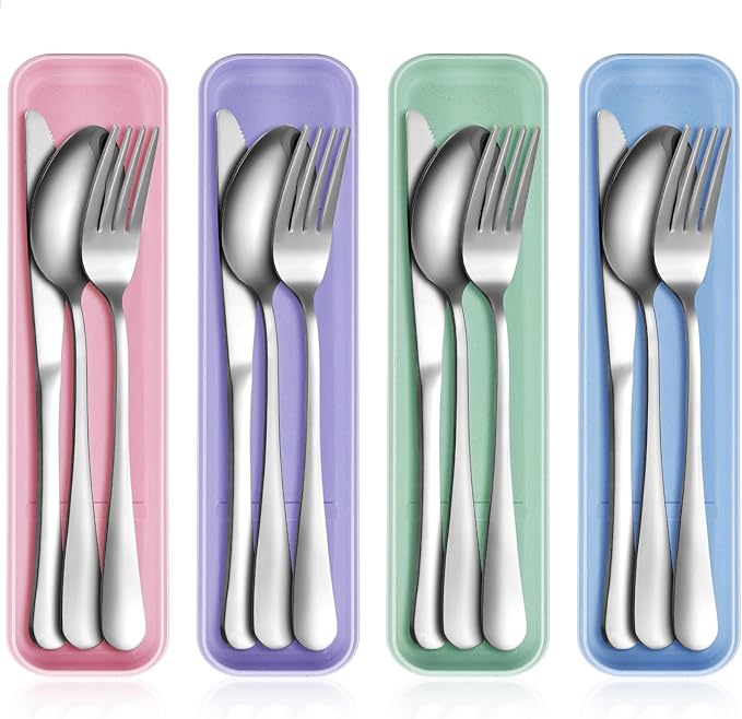 Yinkin 4 Pack Portable Travel Utensils Set with Case Reusable Stainless Steel Silverware Flatware Camping Cutlery Include Fork Spoon Knife for Work School Dishwasher Safe (Purple, Green, Blue, Pink)
