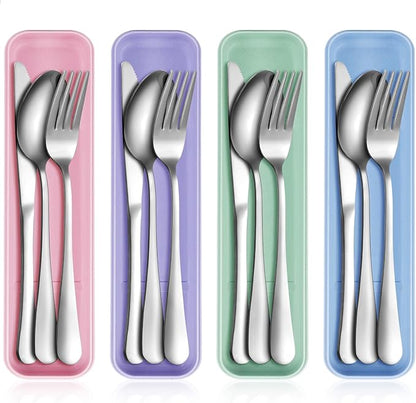 Yinkin 4 Pack Portable Travel Utensils Set with Case Reusable Stainless Steel Silverware Flatware Camping Cutlery Include Fork Spoon Knife for Work School Dishwasher Safe (Purple, Green, Blue, Pink)