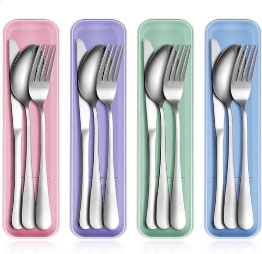 Yinkin 4 Pack Portable Travel Utensils Set with Case Reusable Stainless Steel Silverware Flatware Camping Cutlery Include Fork Spoon Knife for Work School Dishwasher Safe (Purple, Green, Blue, Pink)