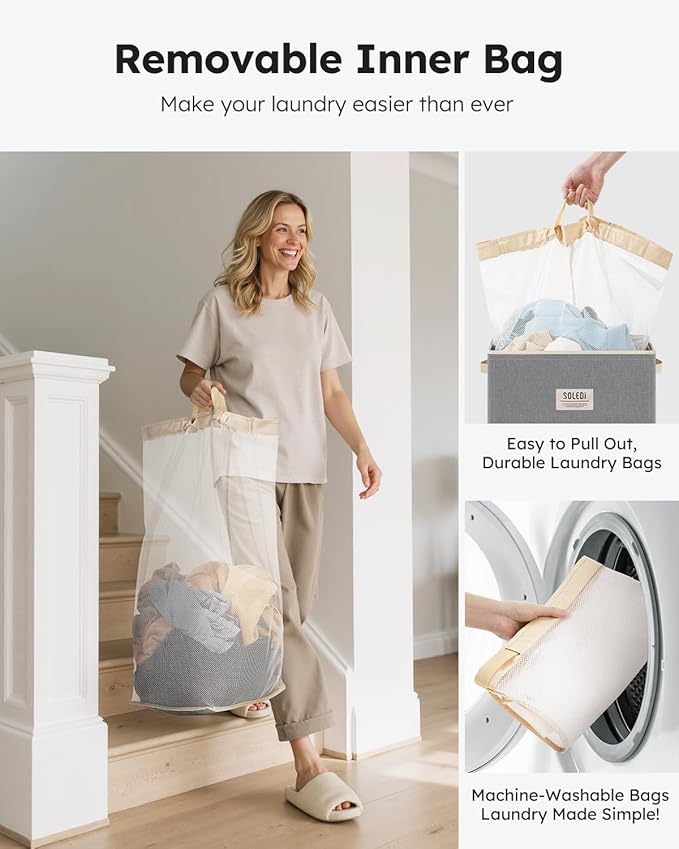 SOLEDI Laundry Hamper with Lid 100L Large & Tall Collapsible Laundry Basket, Clothes Hamper with Bag Removable Easy to Carry, Dirty Hampers for Bedroom, Bathroom, Dorm, College, Light Grey