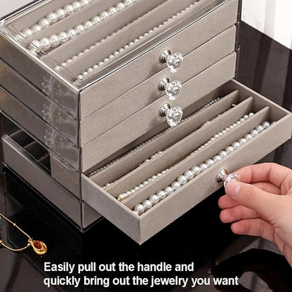 SPAKOWN Necklace Organizer Box, Velvet Necklace Box Holder Tray with Clear Lid Chains Showcase Stackable Necklace Storage for Pendant Bracelet (5 Drawers - Grey)