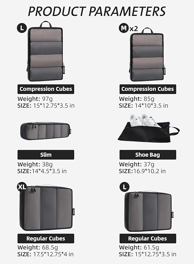 Bagail Ultralight Compression Cubes 7 Set - 3 Packing Cubes, 3 Organizers, and 1 Shoe Bag